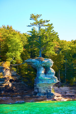 Turquoise green waters splashing against Pictured Rocks cliff wall with lone tree on edgeの写真素材