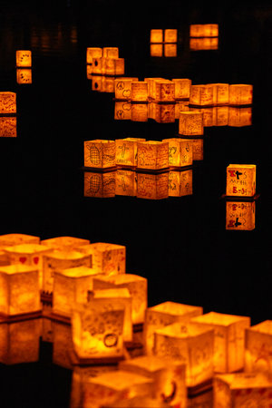 Festival of lanterns with golden Japanese style lanternsの写真素材
