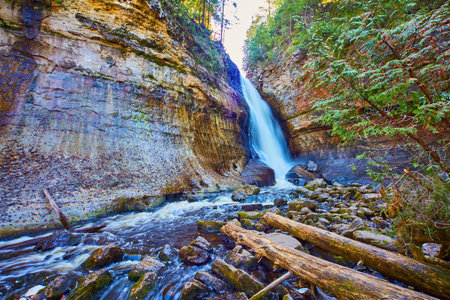 Waterfall over tall cliffs in canyon with greenery and driftwood in a dried-up riverbed over stonesの写真素材