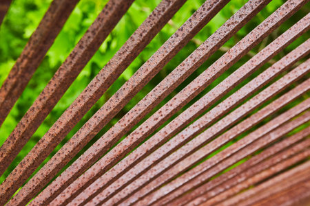Endless row of rusty red and dark brown metal spokes or bars in macro shot over blurry forestの写真素材