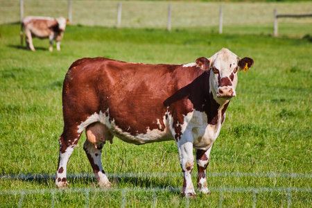 Close up of brown and white cow with yellow ear tag looking at cameraの写真素材