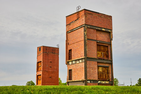 Old freight elevator buildings with destroyed walls and abandoned in empty grass fieldの写真素材