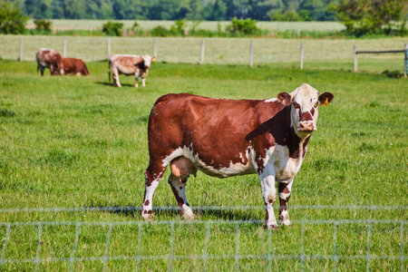 Brown and white cow with yellow ear tag looking at camera with blurry cows in backgroundの写真素材