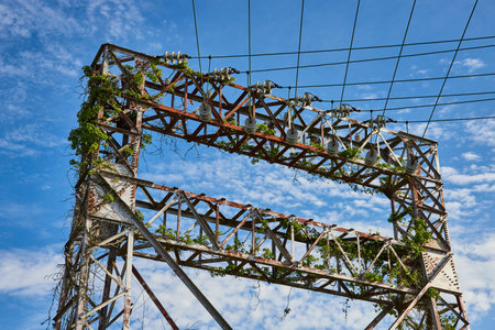 Power, electrical tower power lines, wires, abandoned, decaying, blue sky, white clouds