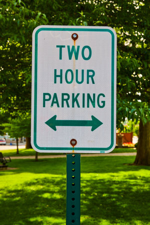Vertical of tall green Two Hour Parking sign with green lawn and trees in backgroundの写真素材