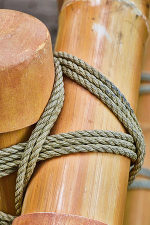 Close up of vertical and horizontal shiny bamboo poles strapped together with thick rope
