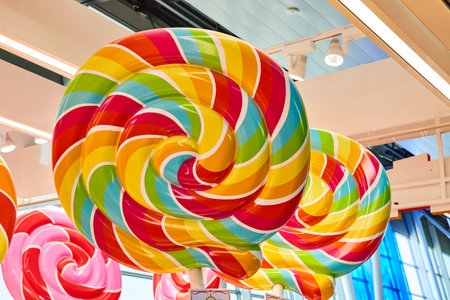 Brilliant large lollipop candy with multiple vibrant colors in rainbow shades and pink and red swirlの写真素材