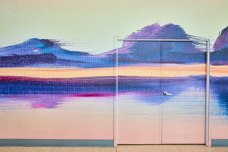 Abstract wall art creating sunset mountain scene across wall and door