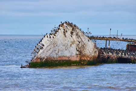 Prow of ship wreckage poking out of ocean with birds swarming its exposed surfaceの写真素材