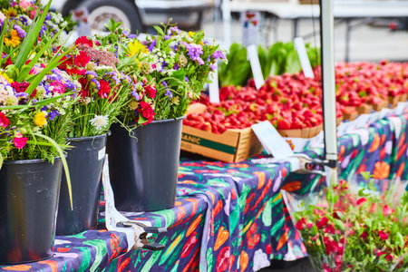 Collection of wildflowers on table next to long table of ripe strawberriesの写真素材