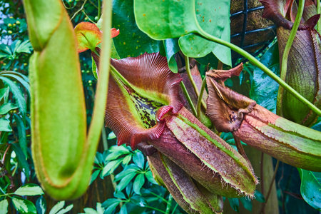 Dark purple ribbed carnivorous pitcher plants close upの写真素材