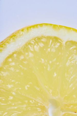 Close up of top curve of a lemon slice on white backgroundの写真素材