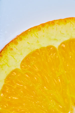 Close up of top curve of an orange slice on white backgroundの写真素材