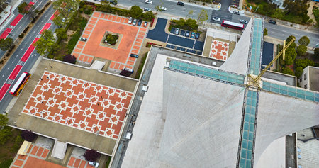 Close up aerial above Cathedral of Saint Mary of the Assumption with entrance pattern and streets