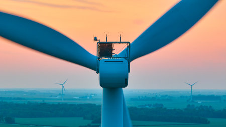 Close up and straight on aerial of wind turbine with distant turbines in green farmland at sunset