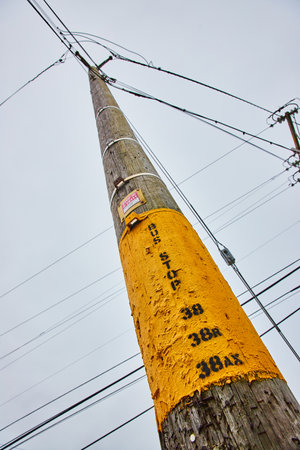 Telephone pole with yellow patch of paint and view of wires crisscrossing over overcast skyの写真素材