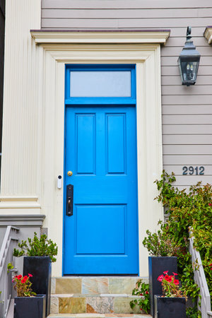 Blue door on house with stairs that have black square pots filled with plants and pink flowersの写真素材