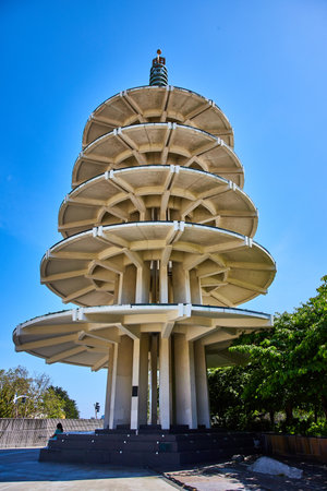 Underside of Peace Pagoda with person sitting on base of structure in Japantownの写真素材