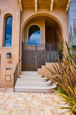 San Francisco, USA home exterior front entrance with gates, steps, and modern architectureの写真素材