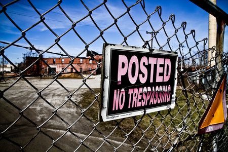 No Trespassing Sign on Chain-Link Fence at Abandoned Industrial Siteの写真素材