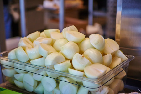 Freshly Sliced Onions in Commercial Kitchen, Close-upの写真素材