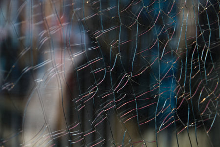 Intricate Shatter Pattern on Glass Pane in Urban Settingの写真素材