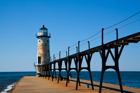 Daytime Serenity at Weathered Empire Lighthouse, Michiganの写真素材