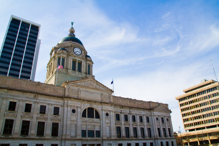 Historic Courthouse and Modern Skyscrapers in Downtown Fort Wayne, Indianaの写真素材