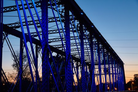 Blue Illuminated Wells Street Bridge at Dusk in Fort Wayne, Indianaの写真素材