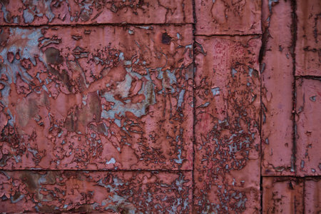 Weathered Red Metal Panel with Peeling Paint and Rust Details Background Assetの写真素材