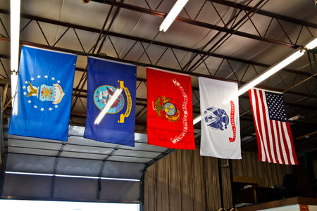Service and Patriotism: Flags Display in Industrial Setting, Fort Wayneの写真素材