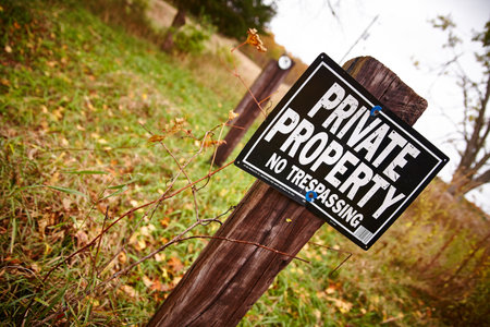 Angled Shot of Private Property No Trespassing Sign on Rural Landscape Autumnの写真素材