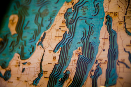 Carved Wooden Topographic Map featuring Grand Traverse Bay, Michigan Close-Upの写真素材