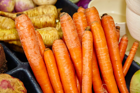 Fresh Organic Carrots on Display in Health Food Store, Fort Wayneの写真素材