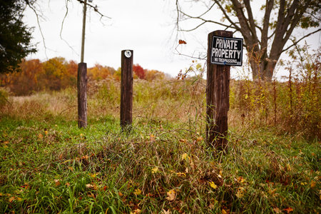 Private Property Sign in Rural Autumn Landscape, Fort Wayne, Indianaの写真素材