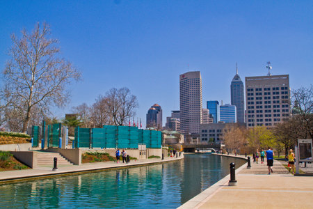 Sunny Day at Indianapolis Canal Walk, Urban Renewal and Leisureの写真素材