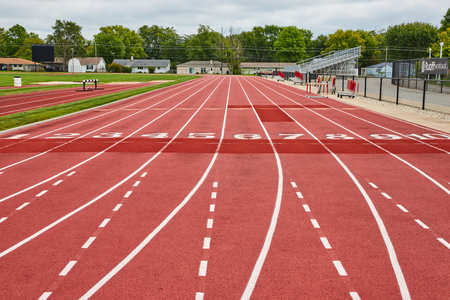 Empty red lanes, running track and 1 to 10 white numbers at Ball State University, Muncie, INの写真素材