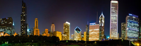 Chicago Skyline at Night - Illuminated High-Rise Buildings and Urban Panoramaの写真素材