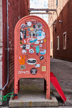 Sticker-Adorned Red Mailbox in Urban Alleyway, Eye-Level Viewの写真素材