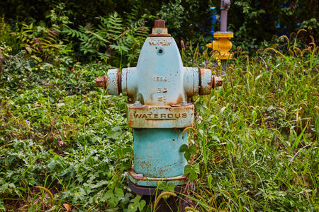 Vintage Blue Fire Hydrant with Rust and Verdigris, Surrounded by Greenery