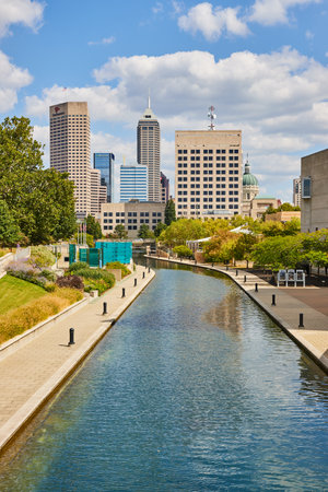 Indianapolis Canal Walk with Modern and Historic Buildingsの写真素材