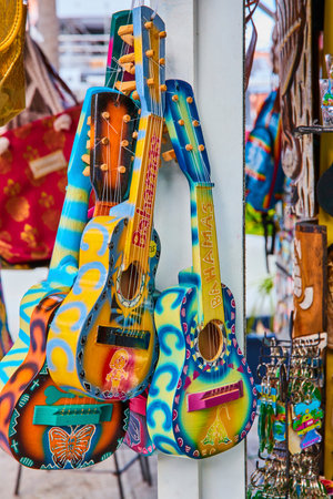 Colorful Hand-Painted Miniature Guitars, Bahamas Souvenirs, Market Displayの写真素材