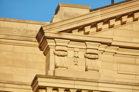 Neoclassical Stonework Detail and Blue Sky Perspectiveの写真素材