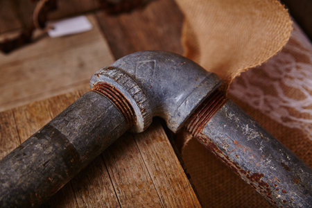 Vintage Pipe Corner on Wooden Surface with Rustic Backdropの写真素材