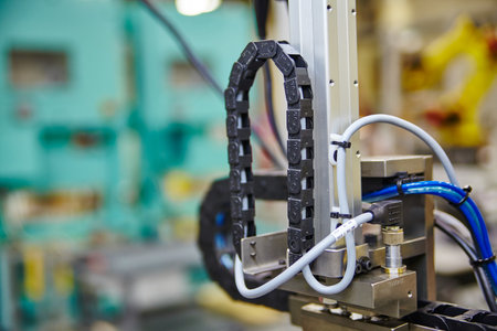 Industrial Cable Carrier System with Blue Hose, Shallow Depth of Fieldの写真素材