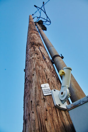 Utility Pole with Insulator and Power Lines Against Clear Skyの写真素材