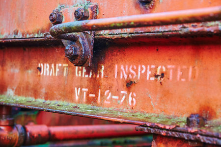 Rusty Draft Gear Close-Up with Stenciled Inspection Date, Abandoned Railyardの写真素材