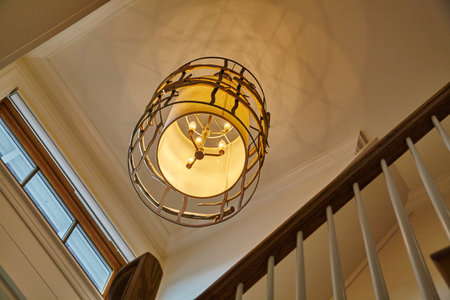 Elegant Ceiling Light Fixture in Modern Home Interior, Below Viewの写真素材
