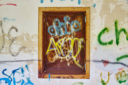 Graffiti on Rusted Window Frame in Abandoned Tuberculosis Hospitalの写真素材