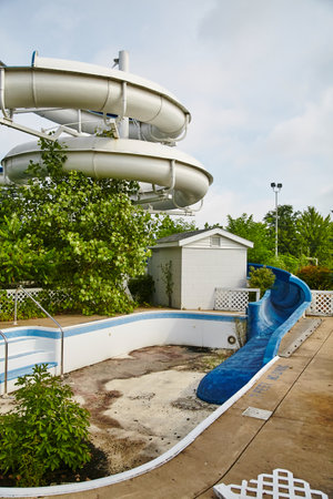 Abandoned Water Park Slide with Encroaching Greenery and Drained Poolの写真素材